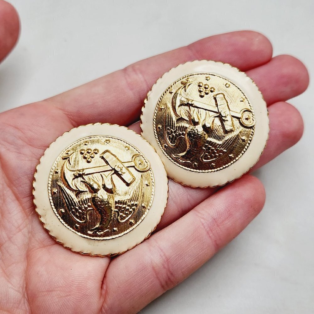 Vintage Eagle Anchor Navy Marine Gold Tone Cream Enamel Button Clip On Earrings